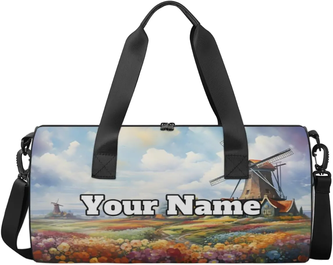 Personalized Windmill Sport Gym Bag, Custom Name Duffel Bags for Men, Waterproof Custom Sport Duffel Bag, Gymnastics Dance, Garden