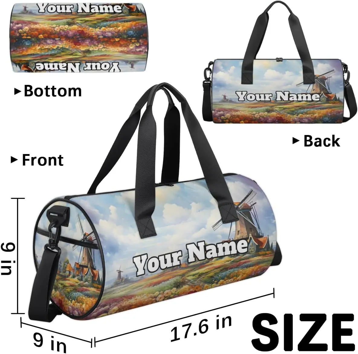 Personalized Windmill Sport Gym Bag, Custom Name Duffel Bags for Men, Waterproof Custom Sport Duffel Bag, Gymnastics Dance, Garden