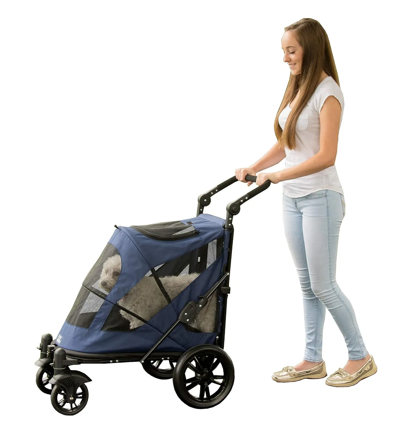 Pet Gear NO-Zip Pet Stroller with Dual Entry, Push Button Zipperless Entry for Single or Multiple Dogs/Cats, Pet Can Easily Walk in/Out, No Need to Lift Pet, Gel-Filled Tires, Navy