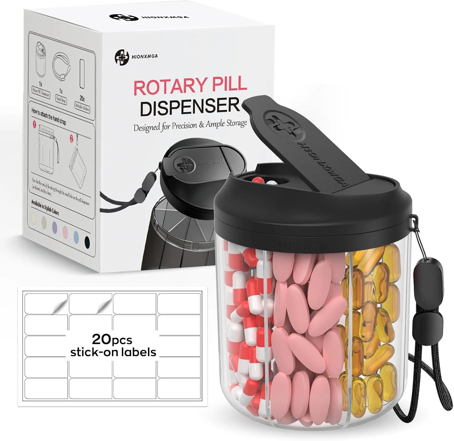 Pill Dispenser with 7 Large Compartments, Pill Bottle Organizer for Travel, Supplement Organizer with Anti-Mixing Design, BPA-Free Pill Container with 20 Pcs Labels, Black 2Pcs