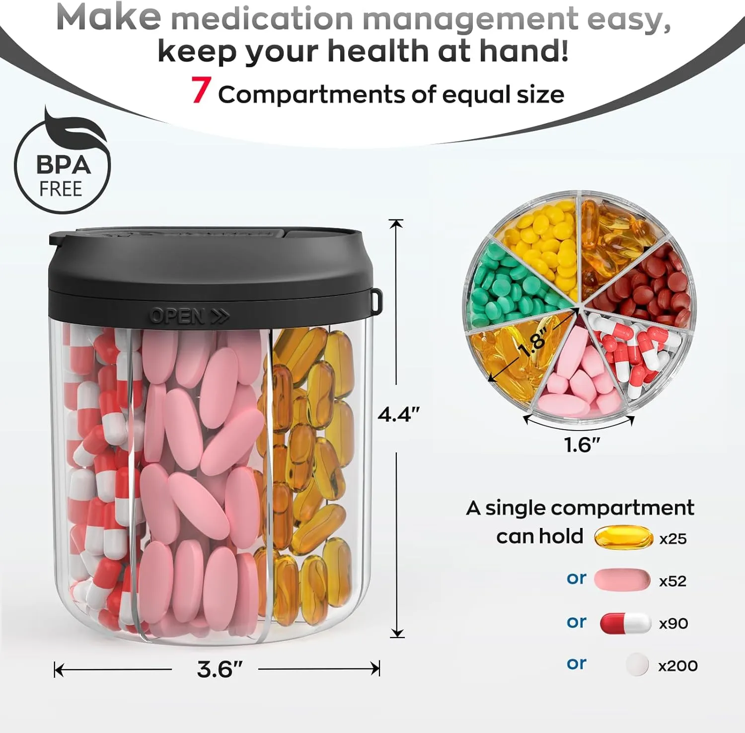Pill Dispenser with 7 Large Compartments, Pill Bottle Organizer for Travel, Supplement Organizer with Anti-Mixing Design, BPA-Free Pill Container with 20 Pcs Labels, Black 2Pcs