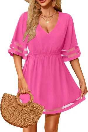 Pinup Fashion Swimsuit Beach Cover Ups Women - V Neck Short Sleeve Bathing Suit Coverup Summer Dress