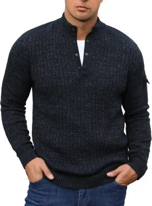 Pioneer Camp Men's Cable Knit Pullover Sweater Casual Long Sleeve Stand Collar Snap Button Knitted Sweaters Fall Winter