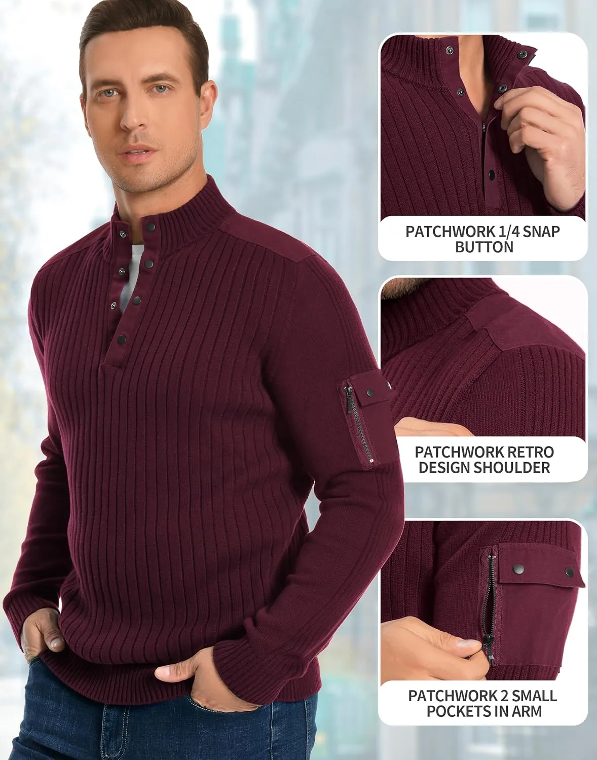 Pioneer Camp Men's Cable Knit Pullover Sweater Casual Long Sleeve Stand Collar Snap Button Knitted Sweaters Fall Winter