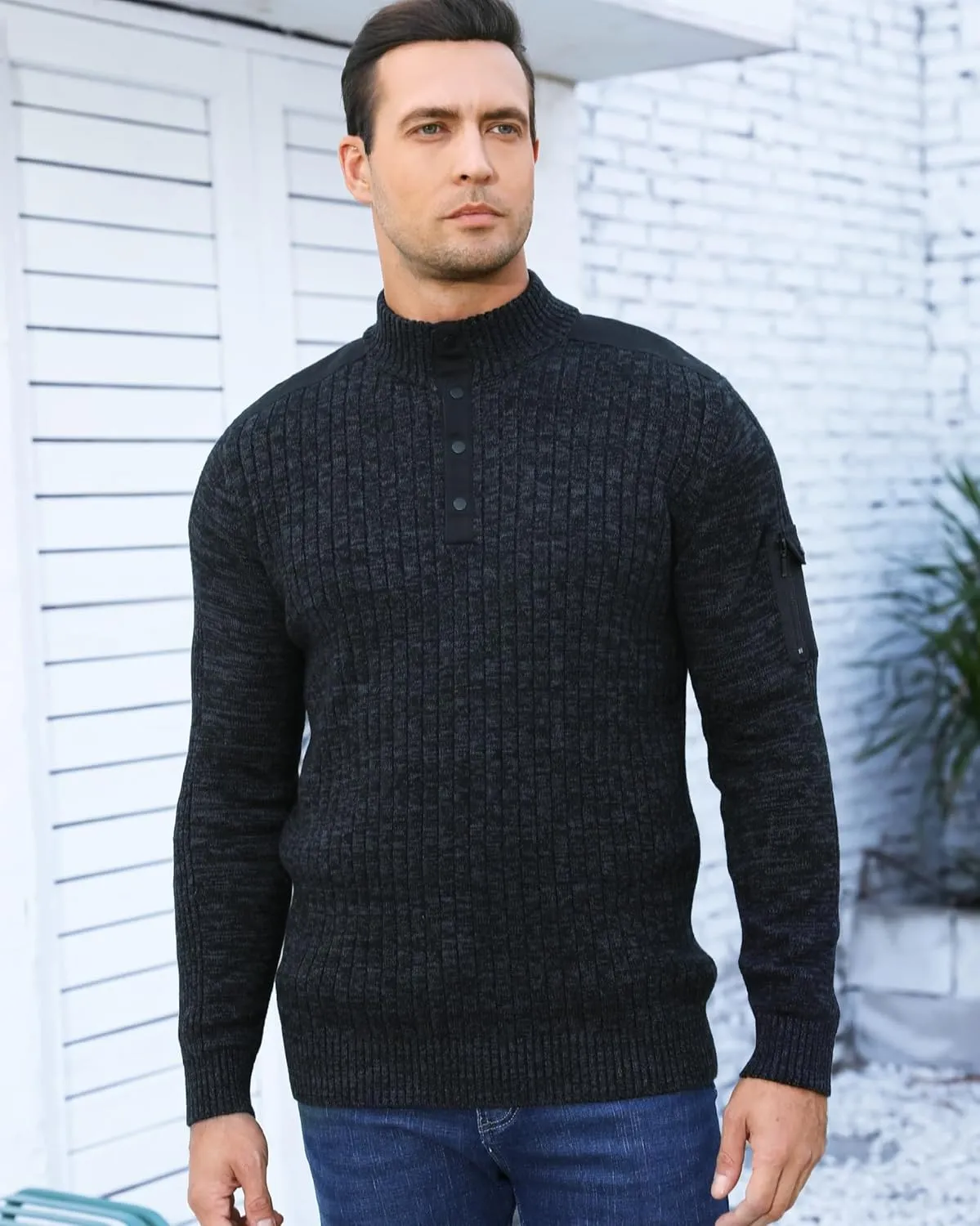 Pioneer Camp Men's Cable Knit Pullover Sweater Casual Long Sleeve Stand Collar Snap Button Knitted Sweaters Fall Winter
