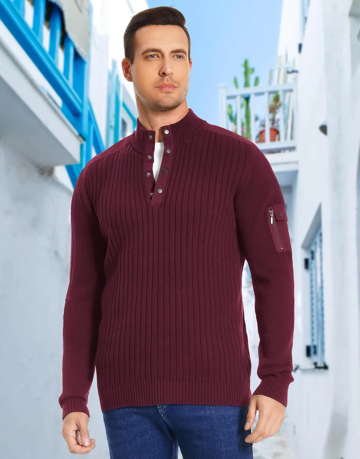 Pioneer Camp Men's Cable Knit Pullover Sweater Casual Long Sleeve Stand Collar Snap Button Knitted Sweaters Fall Winter