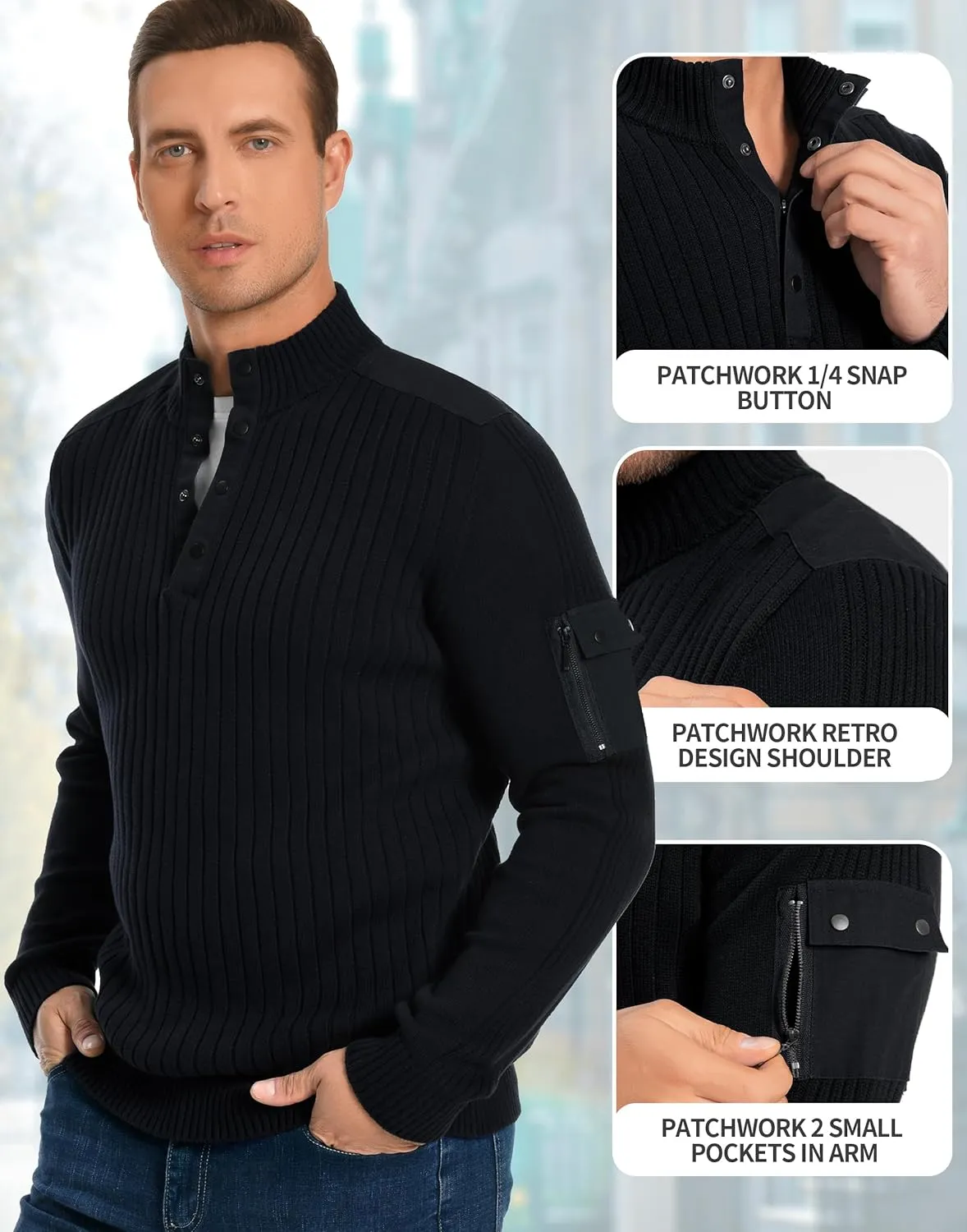 Pioneer Camp Men's Cable Knit Pullover Sweater Casual Long Sleeve Stand Collar Snap Button Knitted Sweaters Fall Winter