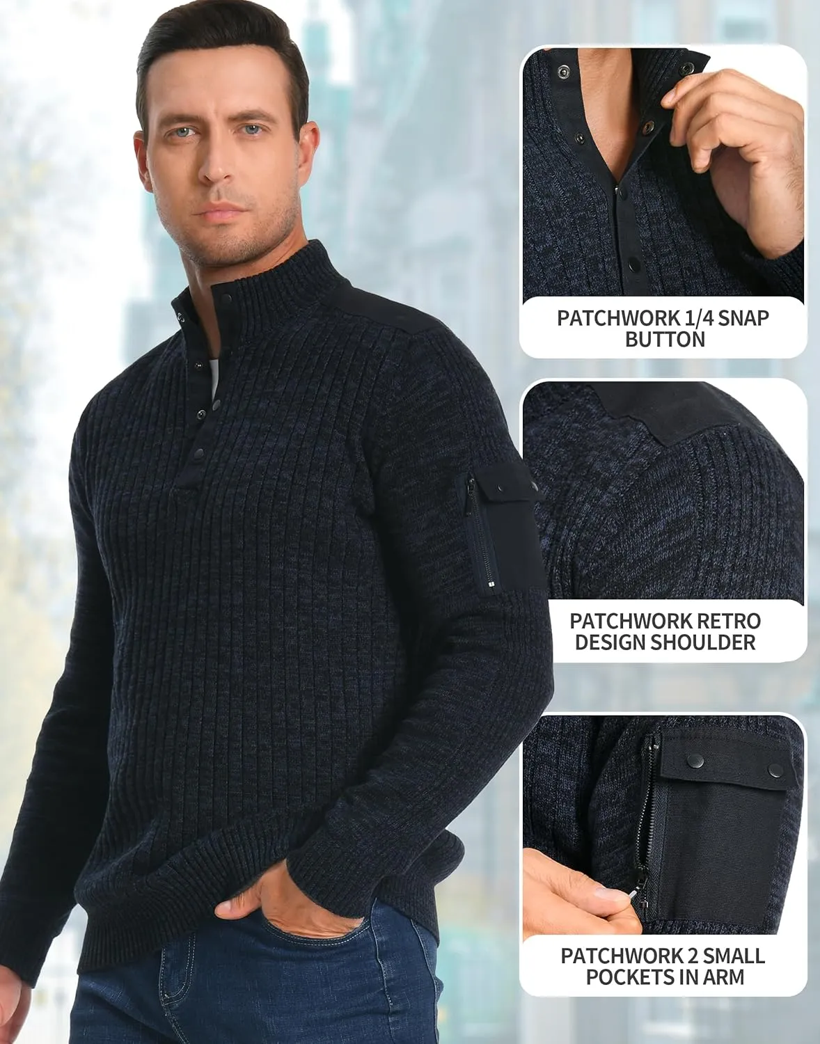Pioneer Camp Men's Cable Knit Pullover Sweater Casual Long Sleeve Stand Collar Snap Button Knitted Sweaters Fall Winter