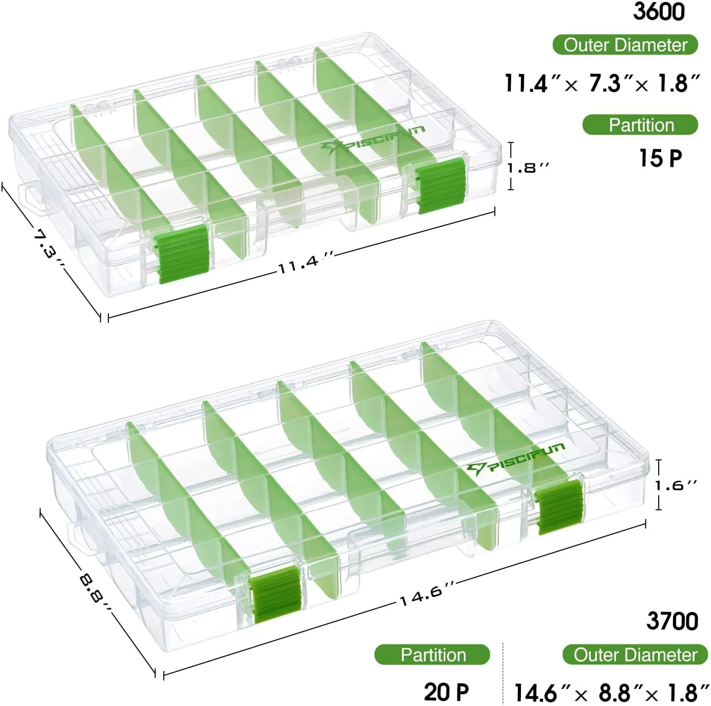 Piscifun Fishing Tackle Boxes, Tackle Trays with Waterproof Labels and Removable Dividers, 3600/3700 BPA-Free Plastic Clear Fishing Storage Organizer Boxes for Lures, 2 Packs/ 4 Packs