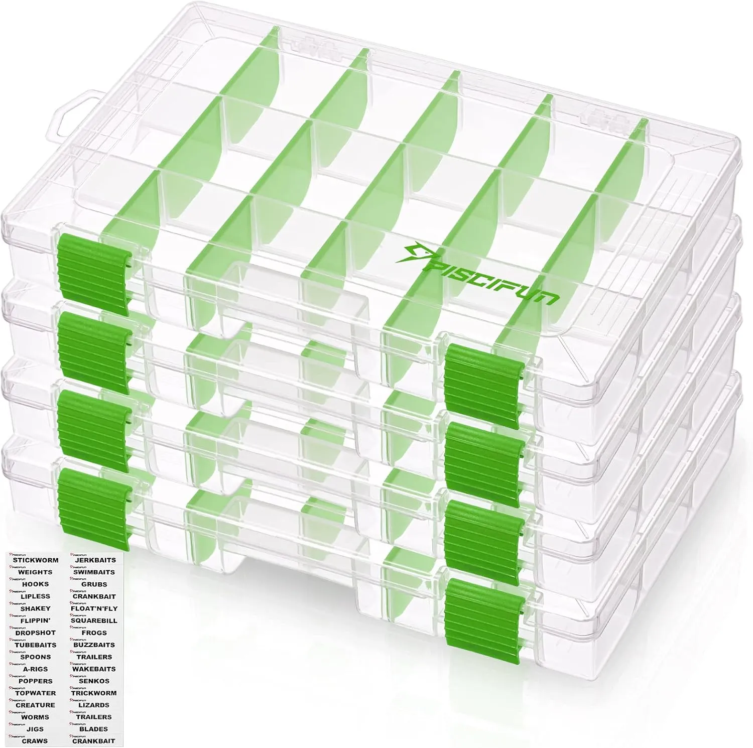 Piscifun Fishing Tackle Boxes, Tackle Trays with Waterproof Labels and Removable Dividers, 3600/3700 BPA-Free Plastic Clear Fishing Storage Organizer Boxes for Lures, 2 Packs/ 4 Packs
