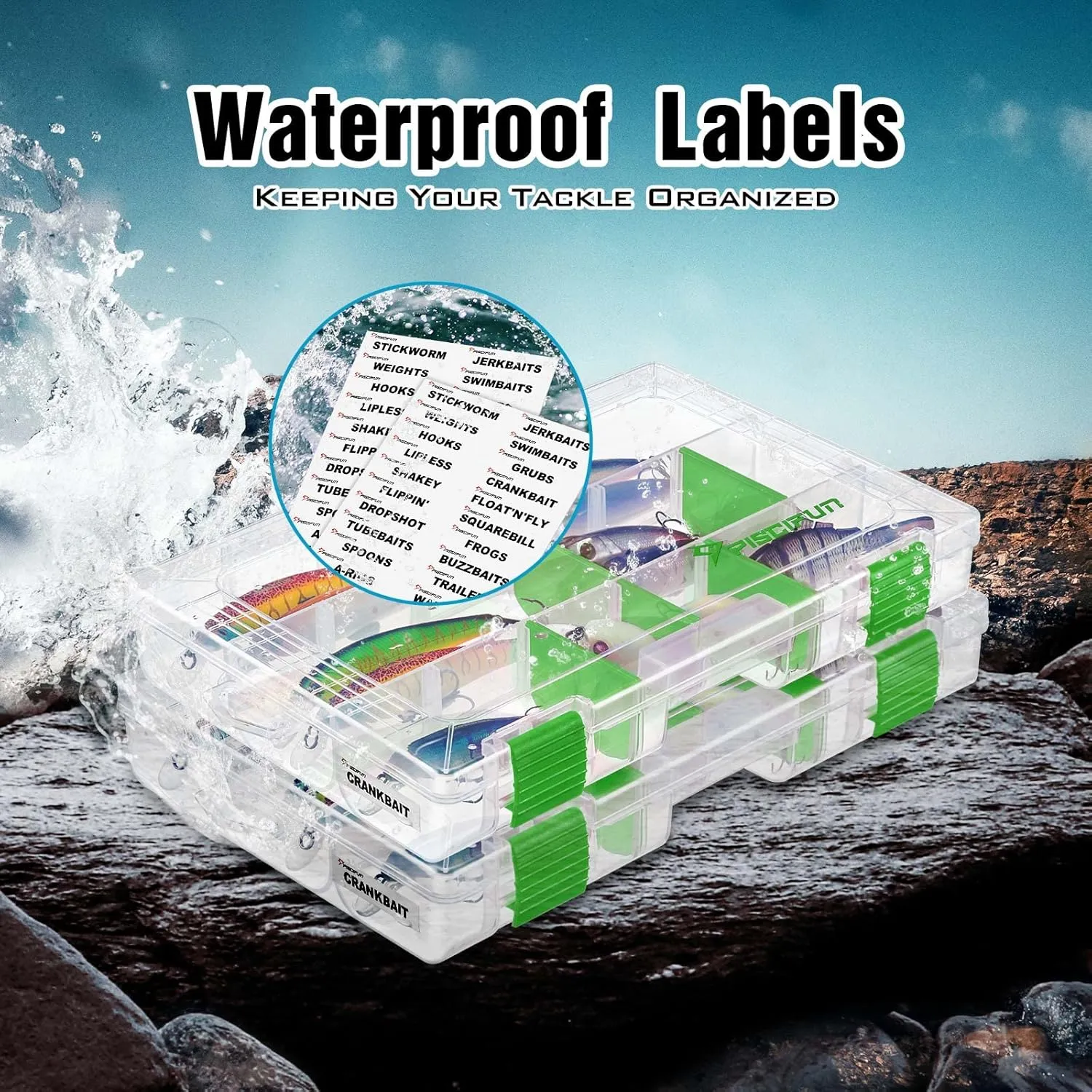 Piscifun Fishing Tackle Boxes, Tackle Trays with Waterproof Labels and Removable Dividers, 3600/3700 BPA-Free Plastic Clear Fishing Storage Organizer Boxes for Lures, 2 Packs/ 4 Packs