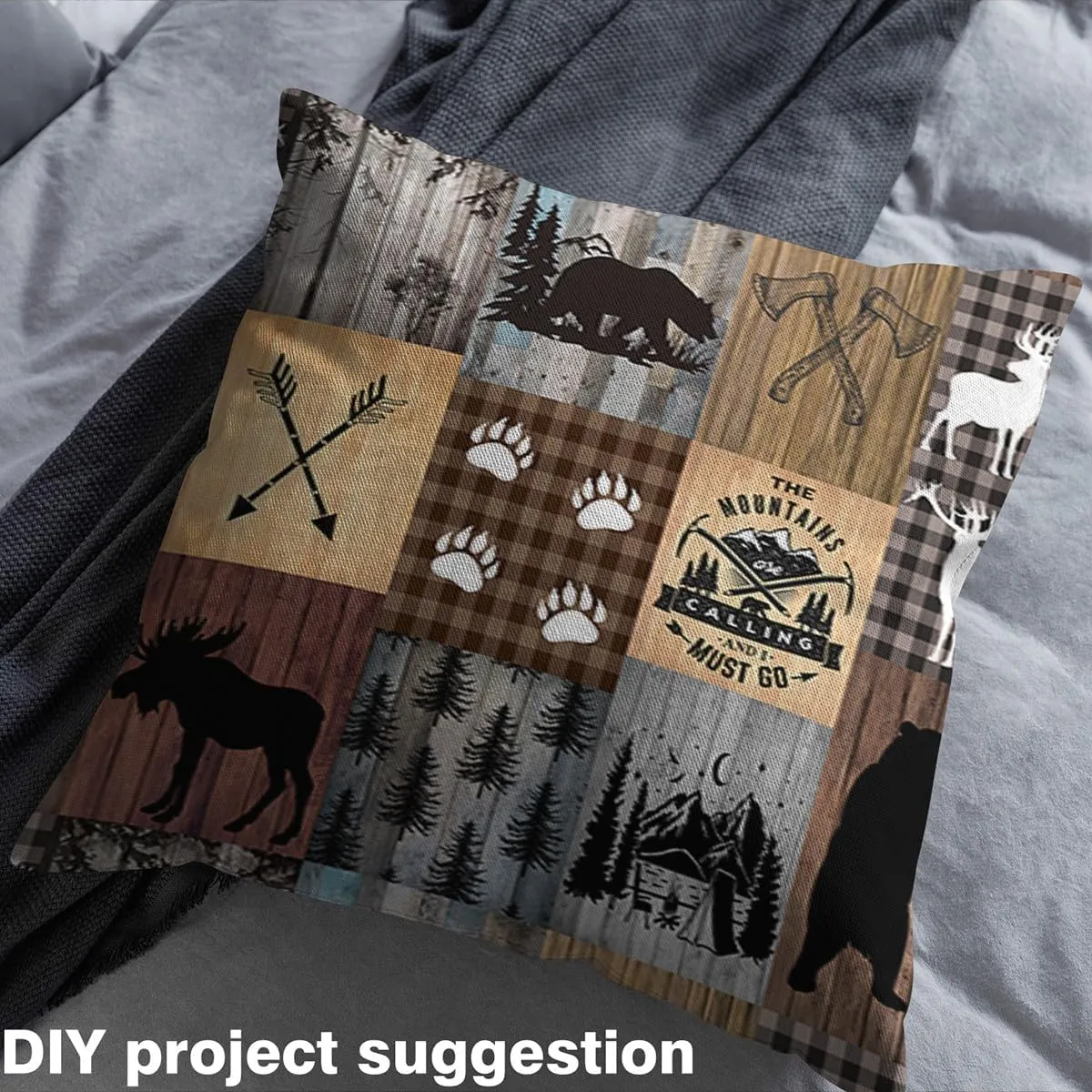 Plaid Deer Bear Upholstery Fabric for 3 Yard, Bear Lodge Patchwork Decorative Waterproof Outdoor Fabric Camping Hunting Fabric by The Yard for Kids Boys Girls Rustic Cabin Buffalo Outdoor