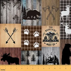 Plaid Deer Bear Upholstery Fabric for 3 Yard, Bear Lodge Patchwork Decorative Waterproof Outdoor Fabric Camping Hunting Fabric by The Yard for Kids Boys Girls Rustic Cabin Buffalo Outdoor