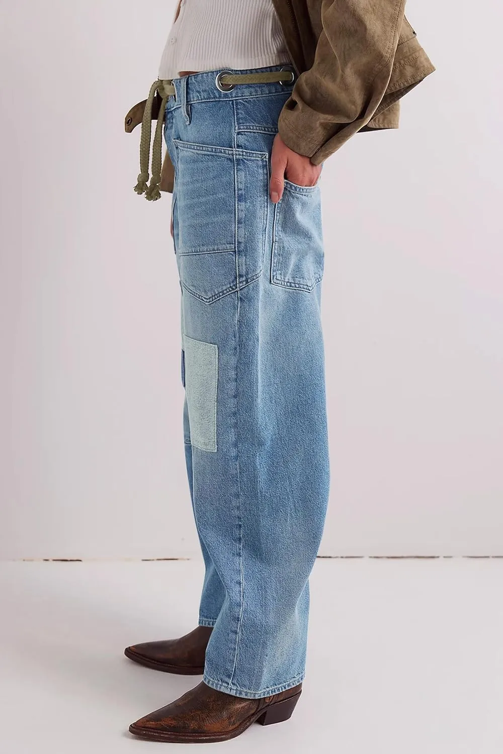 PLNOTME Womens Baggy Barrel Horseshoe Jeans Wide Leg Patchwork Low Rise Denim Pants with Pockets
