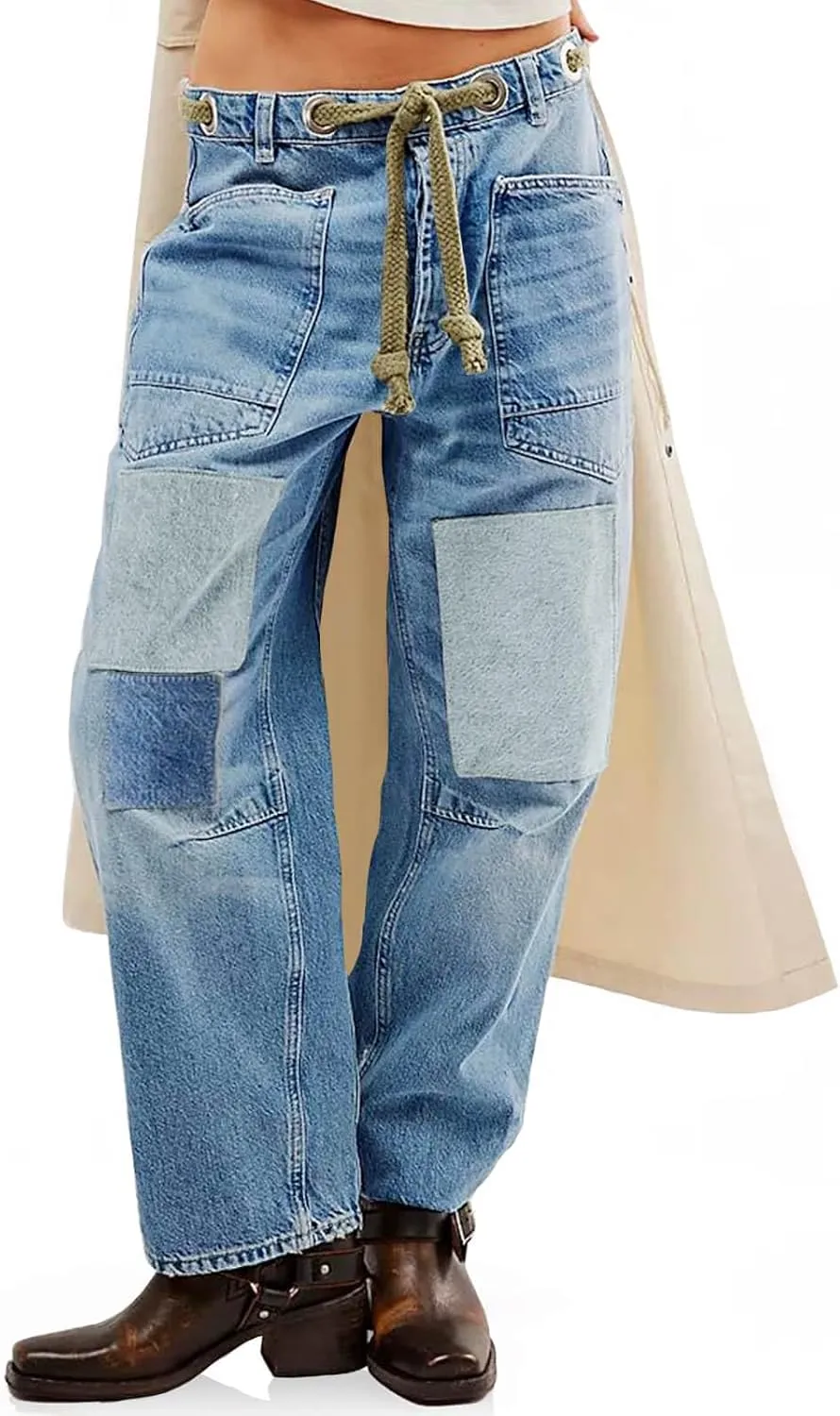 PLNOTME Womens Baggy Barrel Horseshoe Jeans Wide Leg Patchwork Low Rise Denim Pants with Pockets