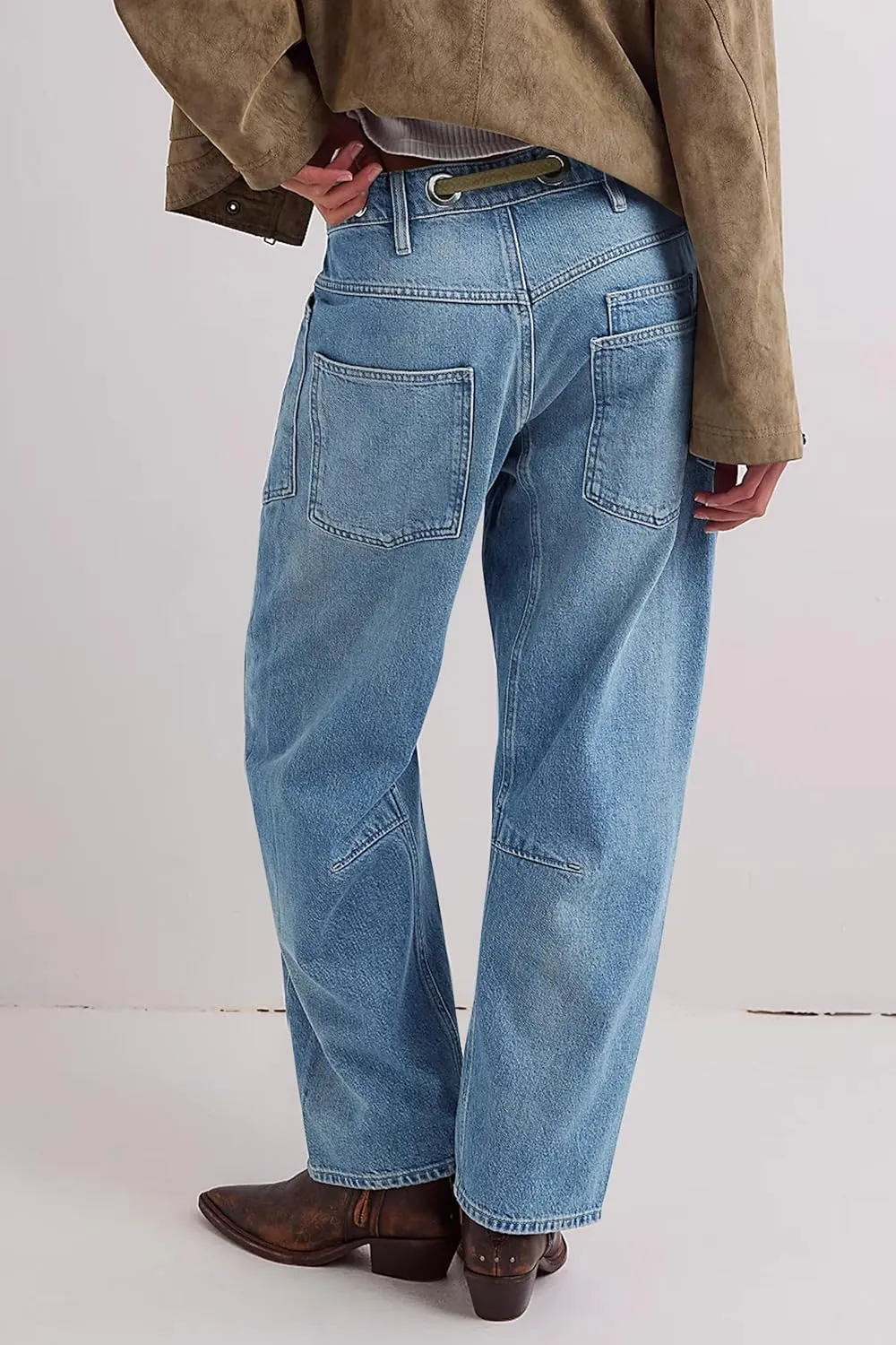 PLNOTME Womens Baggy Barrel Horseshoe Jeans Wide Leg Patchwork Low Rise Denim Pants with Pockets