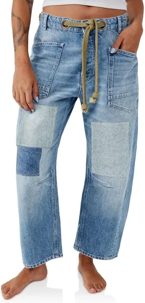 PLNOTME Womens Baggy Barrel Horseshoe Jeans Wide Leg Patchwork Low Rise Denim Pants with Pockets