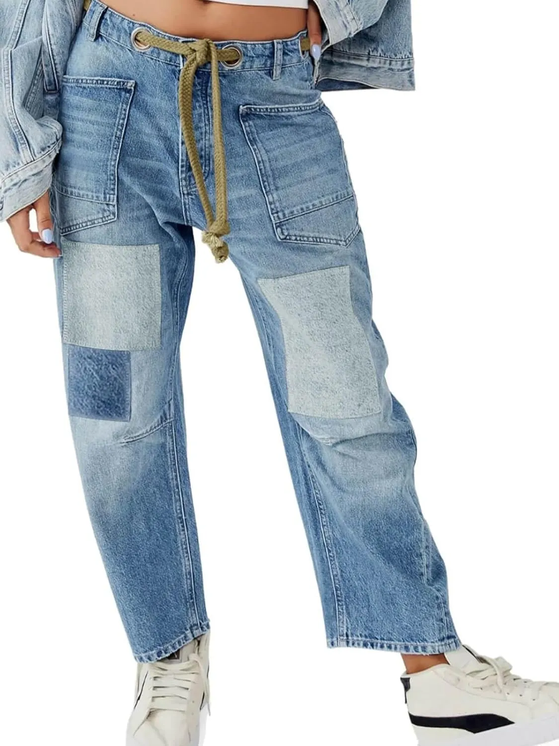 PLNOTME Womens Baggy Barrel Horseshoe Jeans Wide Leg Patchwork Low Rise Denim Pants with Pockets