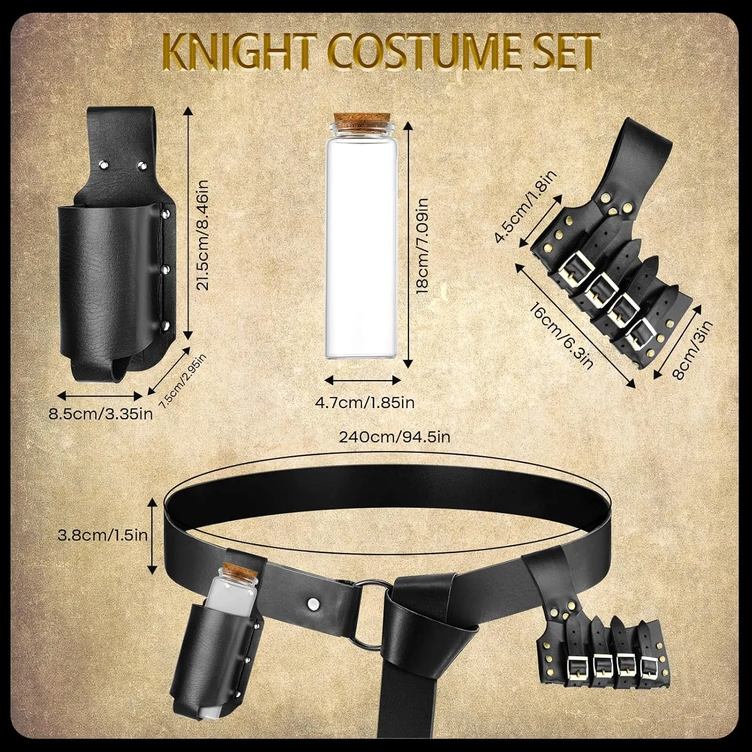 PLULON 9Pcs Medieval Knight Costume, Men Renaissance Viking Costume Set Men Hooded Cloak Retro Shawl PU Leather Belt Shoulder