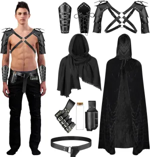 PLULON 9Pcs Medieval Knight Costume, Men Renaissance Viking Costume Set Men Hooded Cloak Retro Shawl PU Leather Belt Shoulder