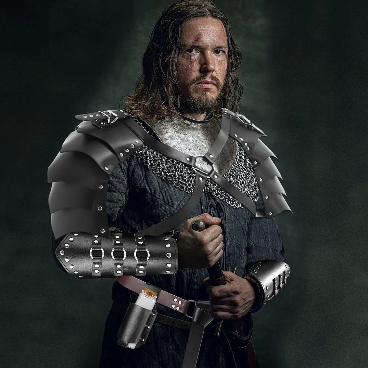 PLULON 9Pcs Medieval Knight Costume, Men Renaissance Viking Costume Set Men Hooded Cloak Retro Shawl PU Leather Belt Shoulder