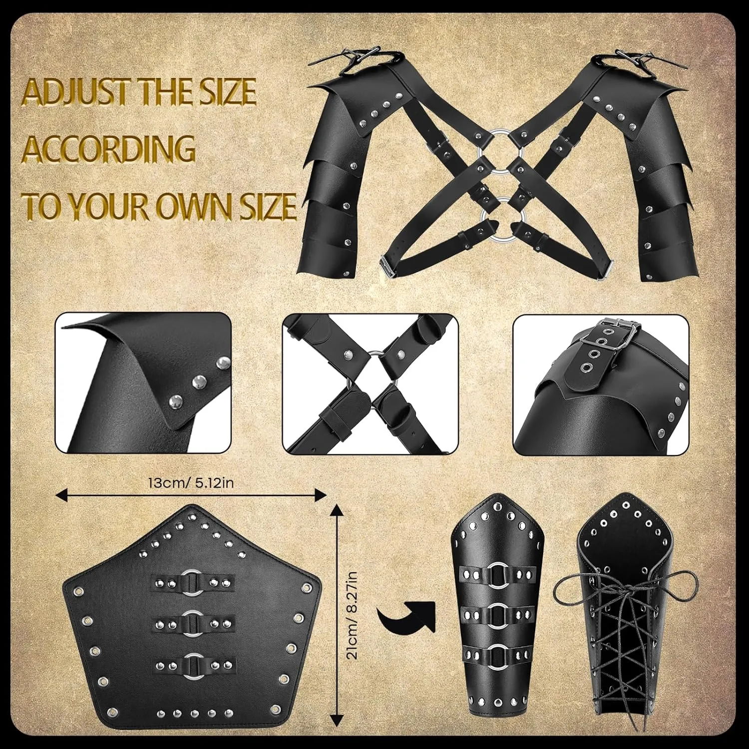 PLULON 9Pcs Medieval Knight Costume, Men Renaissance Viking Costume Set Men Hooded Cloak Retro Shawl PU Leather Belt Shoulder