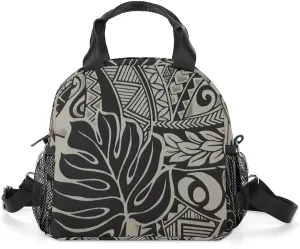 Polynesian Tattoo Hawaiian Fabric Lunch Bag Women Insulated Cooler Bag Reusable Crossbody Lunch Tote Bag