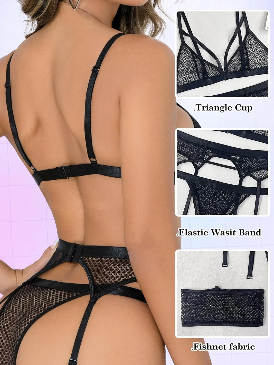 popiv Women's Sexy Lingerie Set with Garter Belt Matching Bra and Panty Lingeries Sets 4 Piece