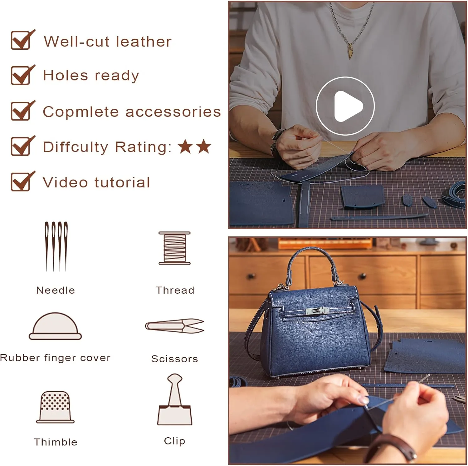 POPSEWING DIY Bag Kit Designer Bag for Women, DIY Leather Bag Kit, DIY Crossbody Shoulder Bag with Sewing Kit, DIY Handmade Bag Kit for Mom Girlfriend Birthday Christmas Gift (Blue)