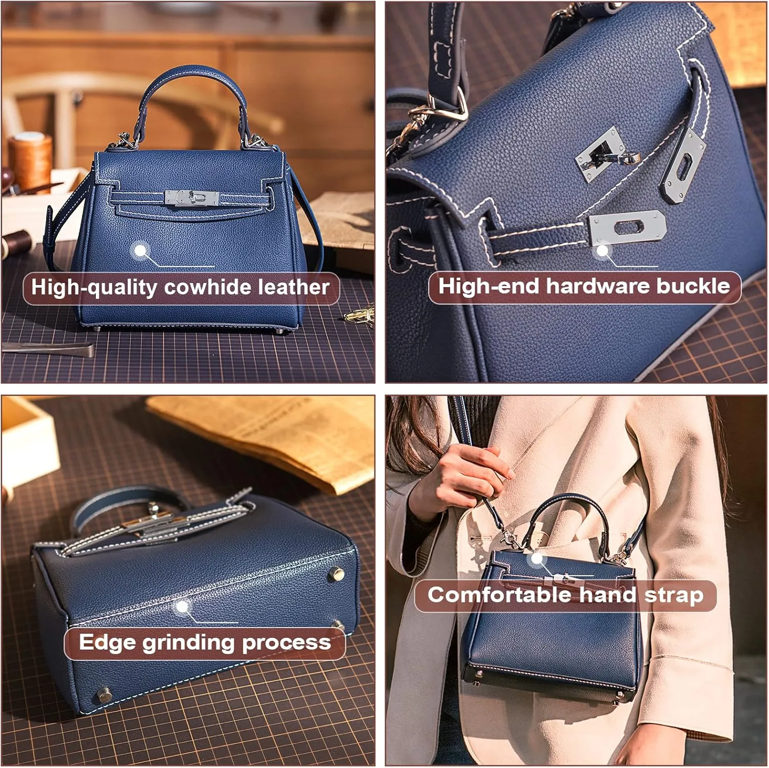 POPSEWING DIY Bag Kit Designer Bag for Women, DIY Leather Bag Kit, DIY Crossbody Shoulder Bag with Sewing Kit, DIY Handmade Bag Kit for Mom Girlfriend Birthday Christmas Gift (Blue)