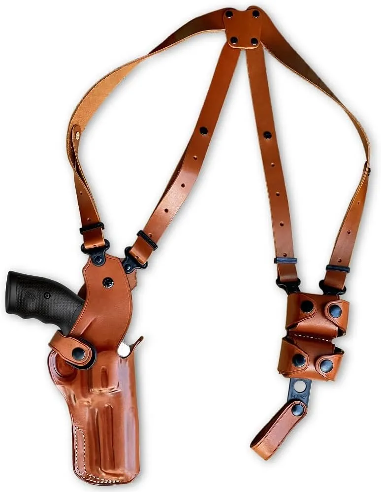 Premium Leather Vertical Shoulder Holster System with Double Speed Loader Pouch for S&W Model 686 Plus 357 Magnum 7-Shot 5" Barrel, Right Hand Draw Brown Color #1510#