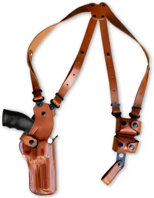Premium Leather Vertical Shoulder Holster System with Double Speed Loader Pouch for S&W Model 686 Plus 357 Magnum 7-Shot 5" Barrel, Right Hand Draw Brown Color #1510#