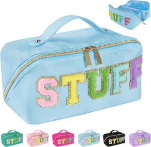 Preppy Stuff Makeup Bag, Stoney Clover Travel Toiletry Bag Pouch Chenille Letter Make Up Bags Girls Cute Cosmetic Bag Wedding Birthday Mothers Day Gifts for Women Stuff Bag (Blue)