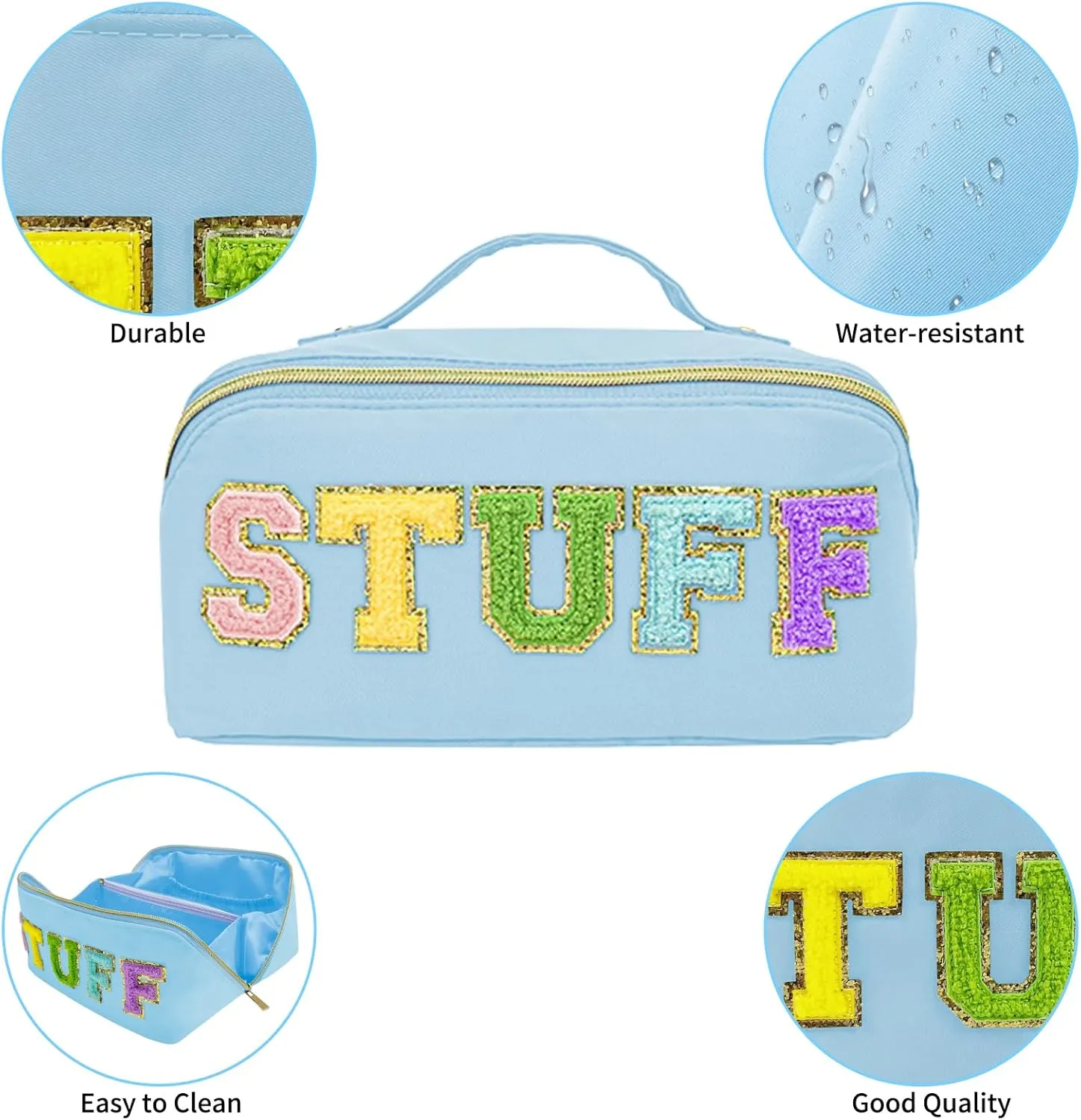 Preppy Stuff Makeup Bag, Stoney Clover Travel Toiletry Bag Pouch Chenille Letter Make Up Bags Girls Cute Cosmetic Bag Wedding Birthday Mothers Day Gifts for Women Stuff Bag (Blue)