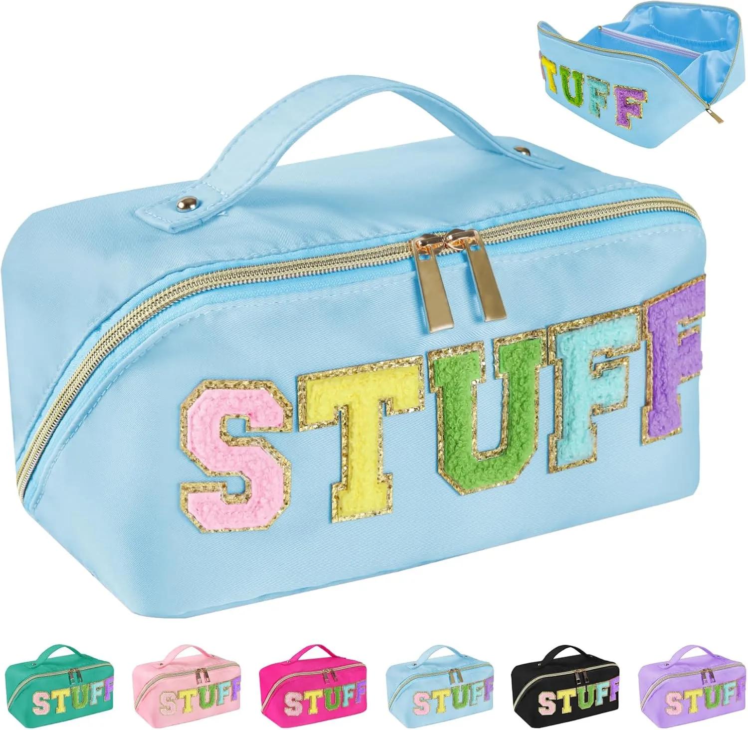 Preppy Stuff Makeup Bag, Stoney Clover Travel Toiletry Bag Pouch Chenille Letter Make Up Bags Girls Cute Cosmetic Bag Wedding Birthday Mothers Day Gifts for Women Stuff Bag (Blue)