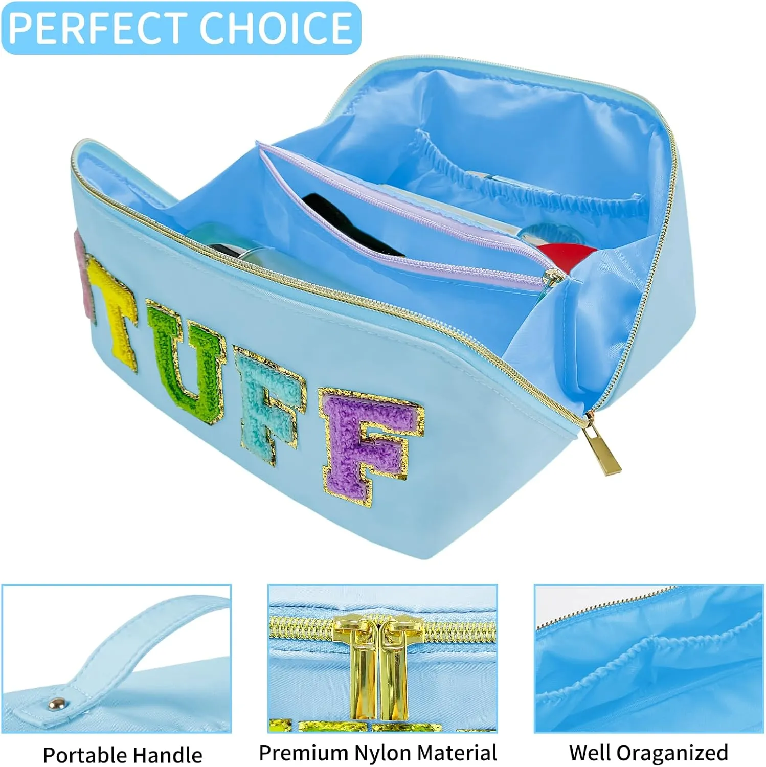 Preppy Stuff Makeup Bag, Stoney Clover Travel Toiletry Bag Pouch Chenille Letter Make Up Bags Girls Cute Cosmetic Bag Wedding Birthday Mothers Day Gifts for Women Stuff Bag (Blue)