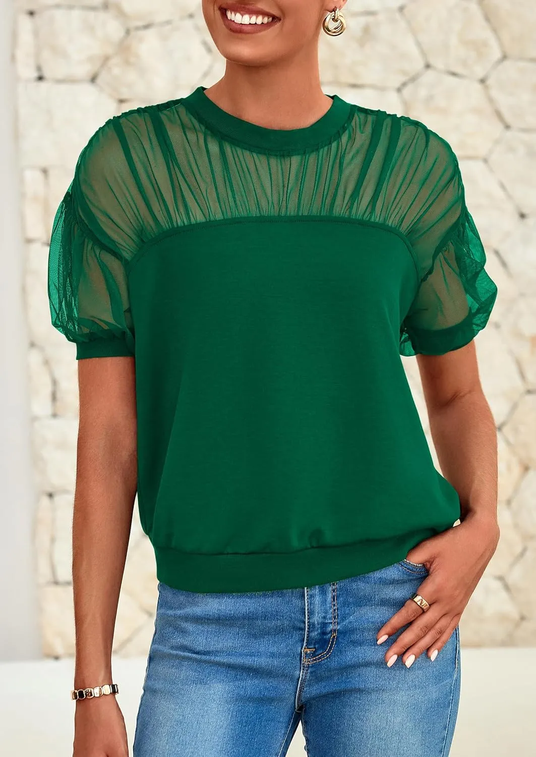 PRETTYGARDEN Women's 2025 Summer Crew Neck Short Sleeve Shirts Lace Going Out Sheer Mesh Crop Tops Dressy Casual Blouses