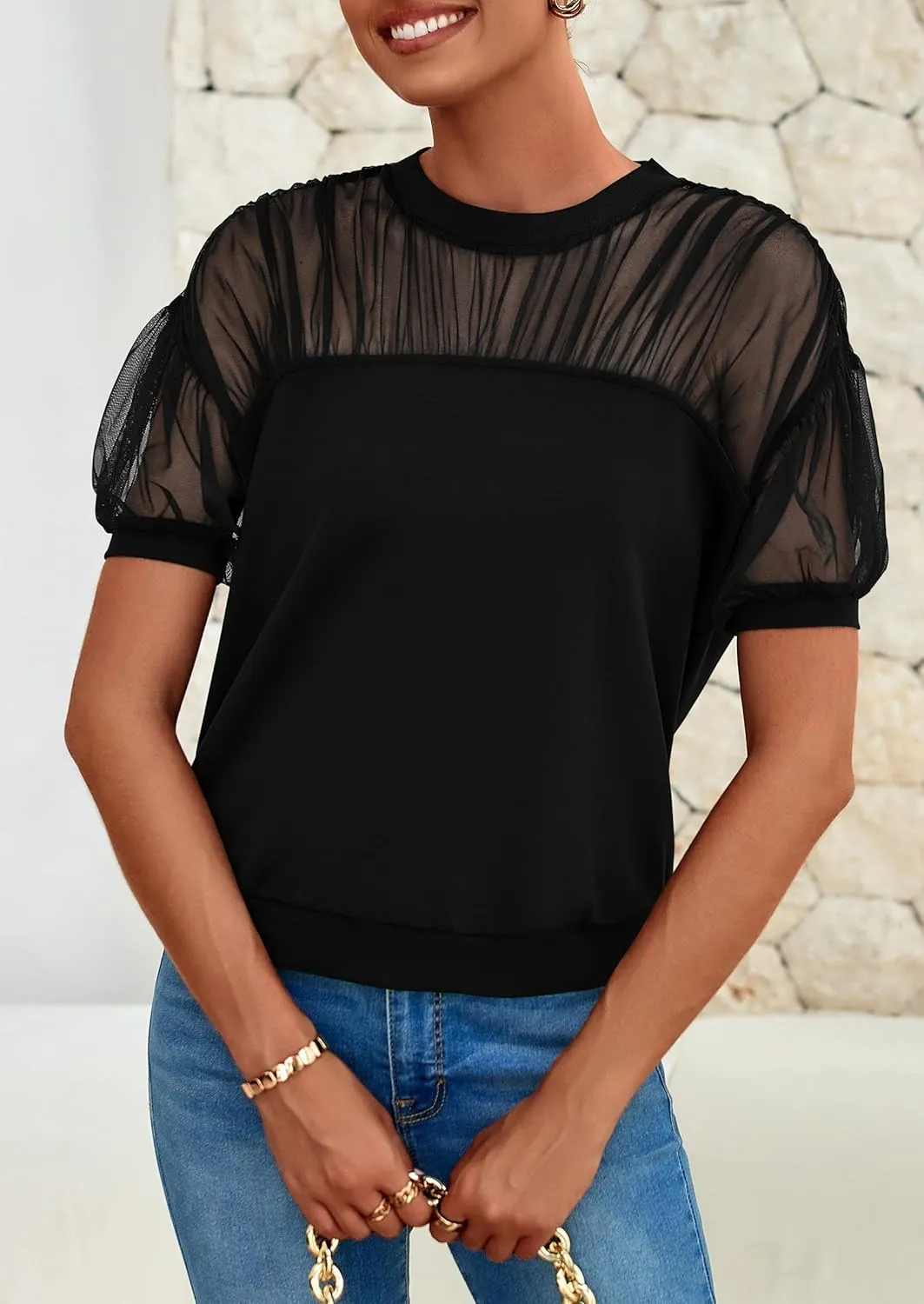 PRETTYGARDEN Women's 2025 Summer Crew Neck Short Sleeve Shirts Lace Going Out Sheer Mesh Crop Tops Dressy Casual Blouses