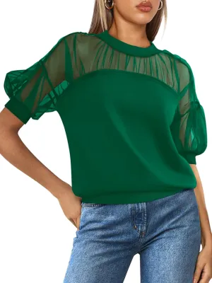 PRETTYGARDEN Women's 2025 Summer Crew Neck Short Sleeve Shirts Lace Going Out Sheer Mesh Crop Tops Dressy Casual Blouses