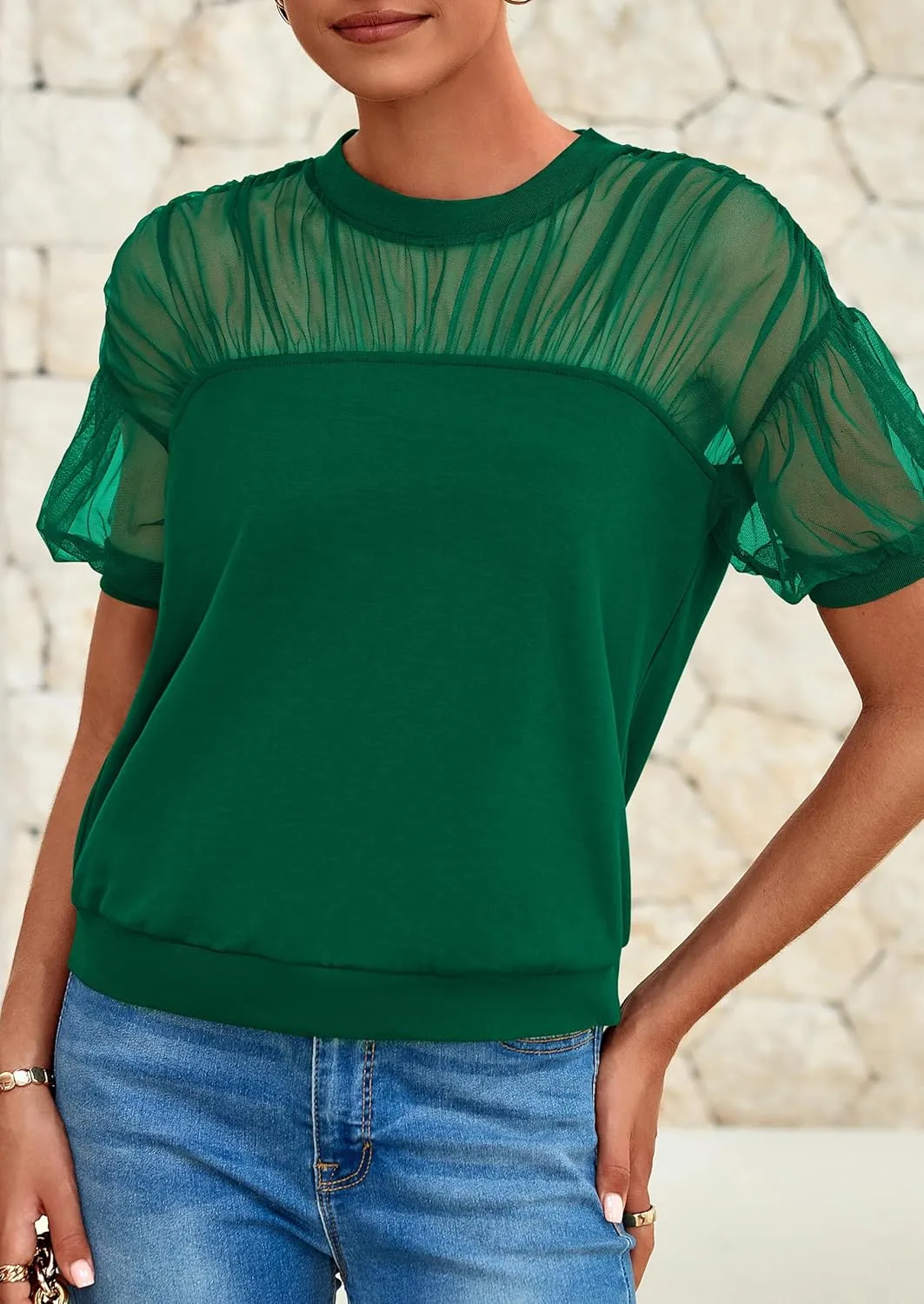 PRETTYGARDEN Women's 2025 Summer Crew Neck Short Sleeve Shirts Lace Going Out Sheer Mesh Crop Tops Dressy Casual Blouses