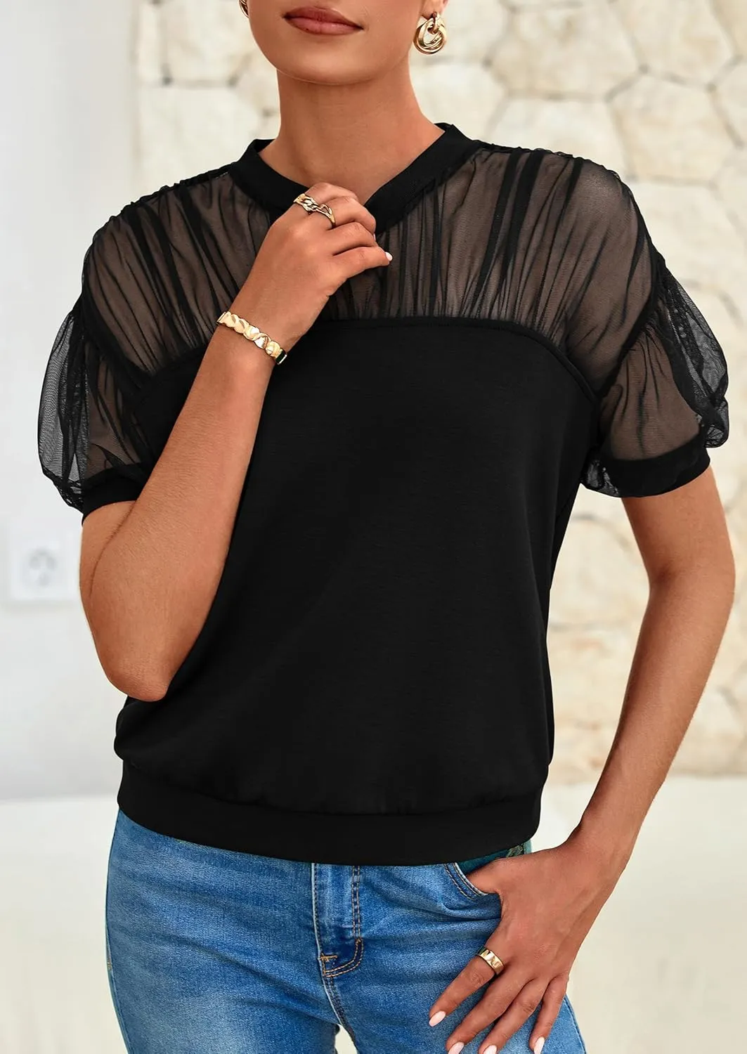 PRETTYGARDEN Women's 2025 Summer Crew Neck Short Sleeve Shirts Lace Going Out Sheer Mesh Crop Tops Dressy Casual Blouses