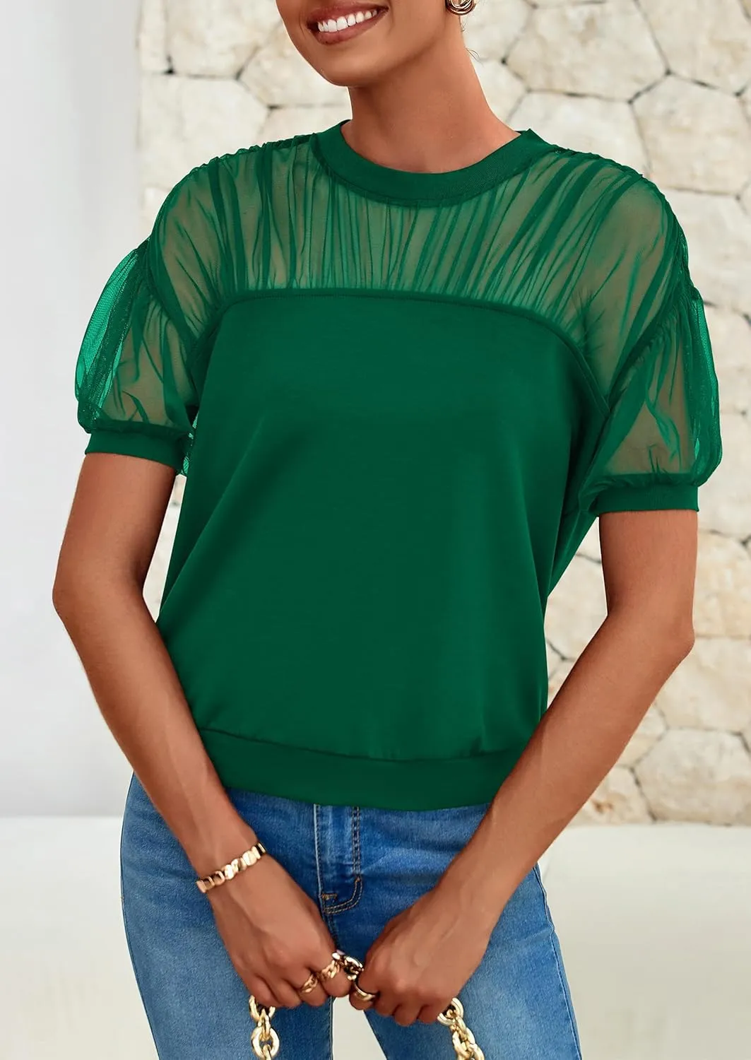 PRETTYGARDEN Women's 2025 Summer Crew Neck Short Sleeve Shirts Lace Going Out Sheer Mesh Crop Tops Dressy Casual Blouses