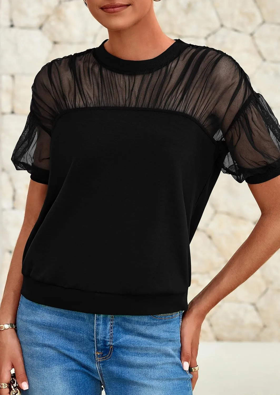 PRETTYGARDEN Women's 2025 Summer Crew Neck Short Sleeve Shirts Lace Going Out Sheer Mesh Crop Tops Dressy Casual Blouses