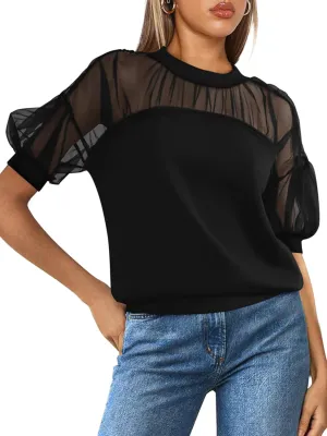 PRETTYGARDEN Women's 2025 Summer Crew Neck Short Sleeve Shirts Lace Going Out Sheer Mesh Crop Tops Dressy Casual Blouses