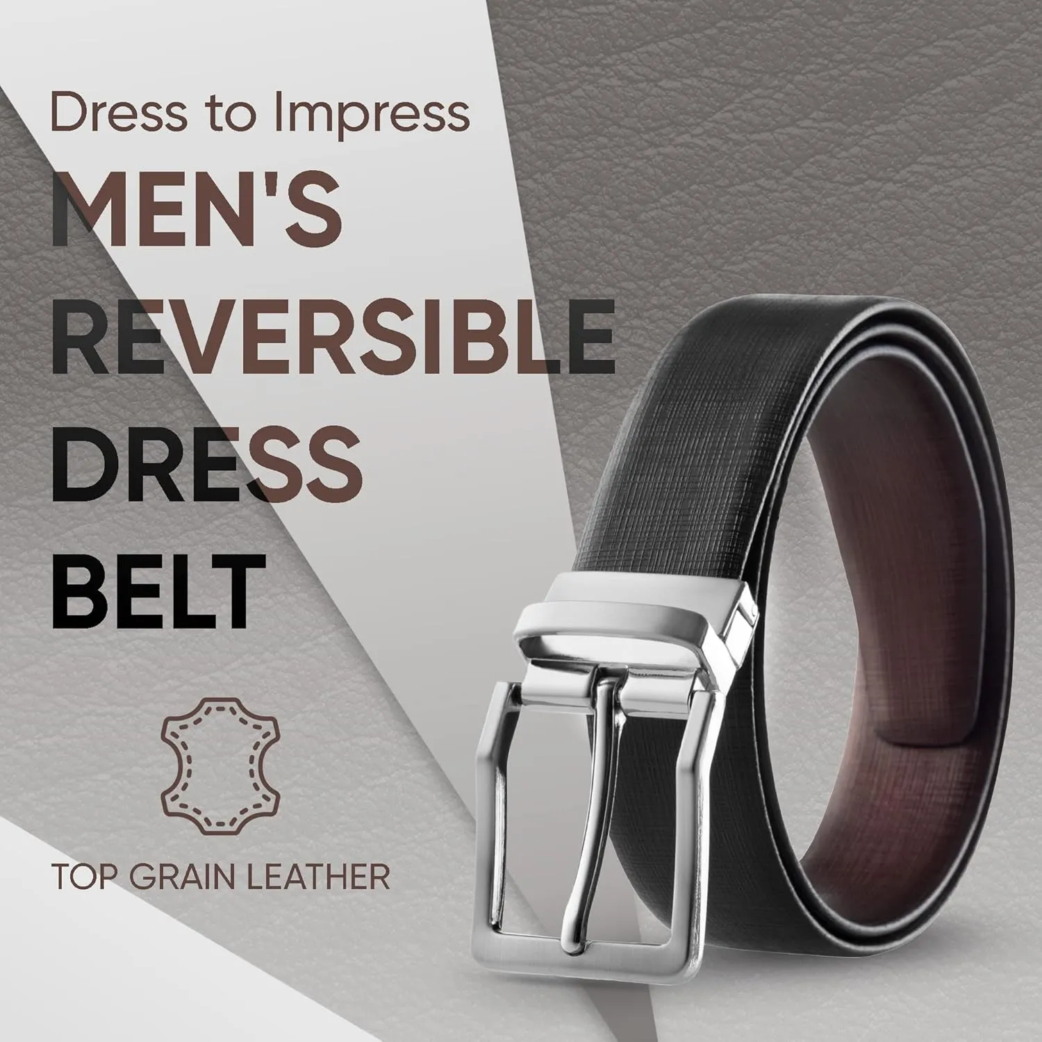 Prospero Comfort Men's Reversible Classic Dress Belt Italian Top Grain Leather Black & Brown Rotating Buckle