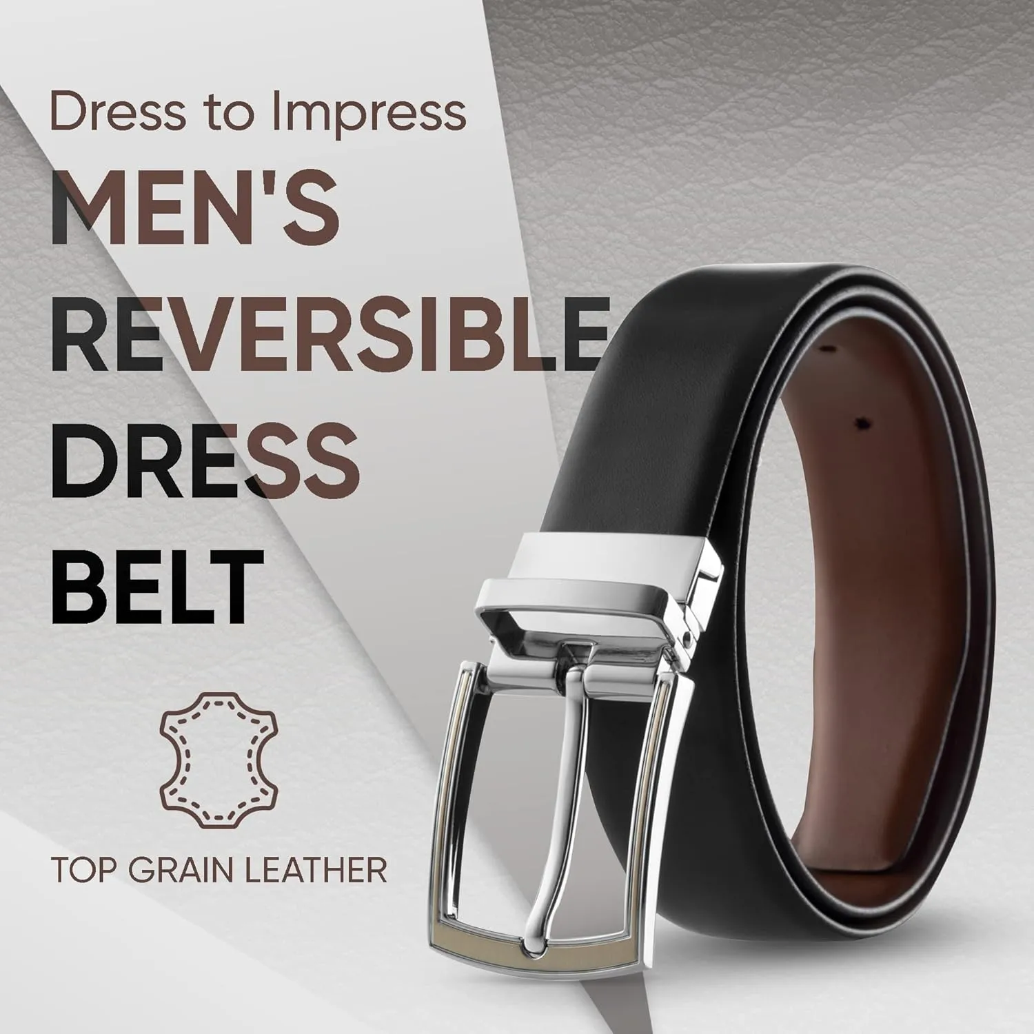 Prospero Comfort Men's Reversible Classic Dress Belt Italian Top Grain Leather Black & Brown Rotating Buckle