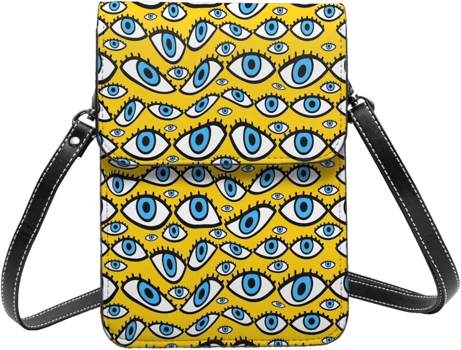 Psychedelic eyes cartoon yellow Fashion Crossbody Cell Phone Purse for Women Girls Leather Mini Cross Body Bags Small Shoulder Bags