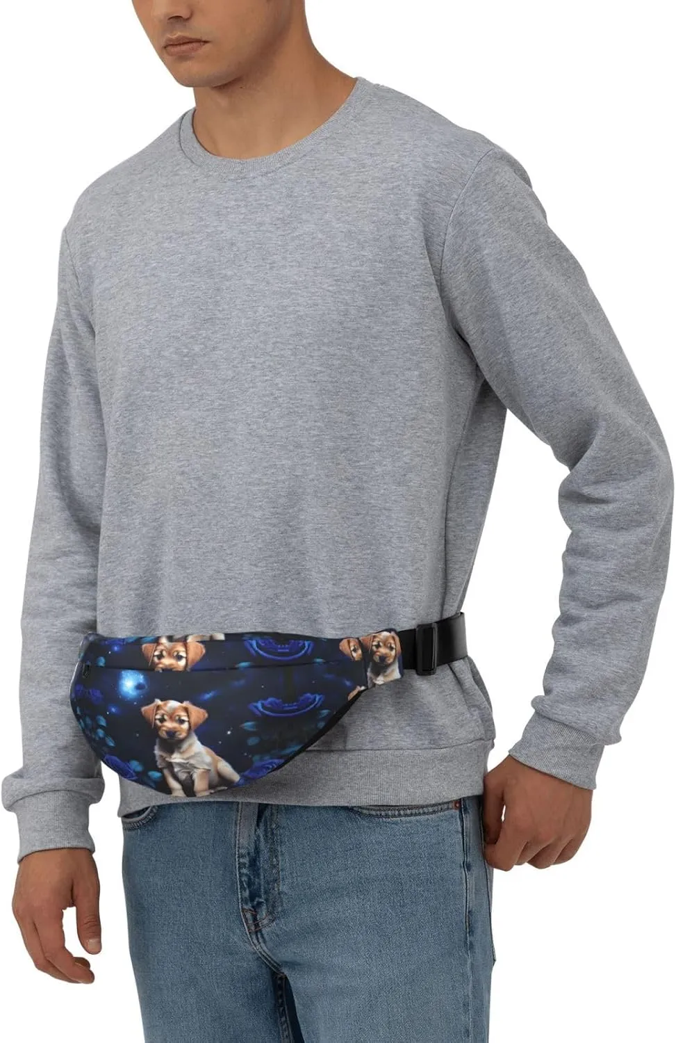 Puppy Blue Rose Print Large Crossbody Fanny Pack, Cute Waterproof Waist Pack Belt Bag For Men, Women, Stylish Running Accessory