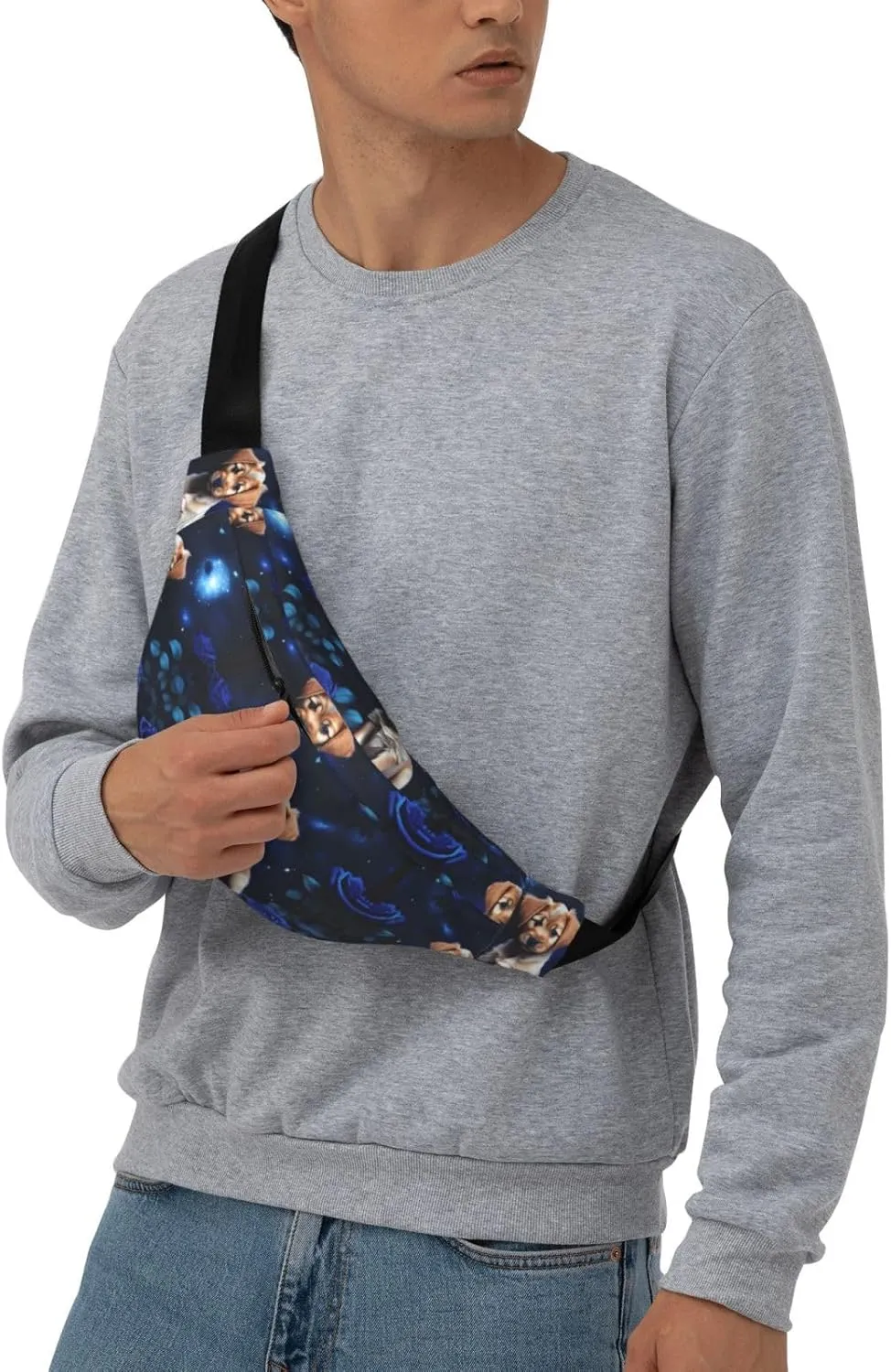 Puppy Blue Rose Print Large Crossbody Fanny Pack, Cute Waterproof Waist Pack Belt Bag For Men, Women, Stylish Running Accessory
