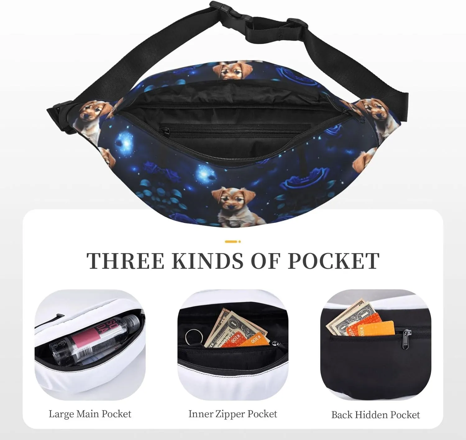 Puppy Blue Rose Print Large Crossbody Fanny Pack, Cute Waterproof Waist Pack Belt Bag For Men, Women, Stylish Running Accessory
